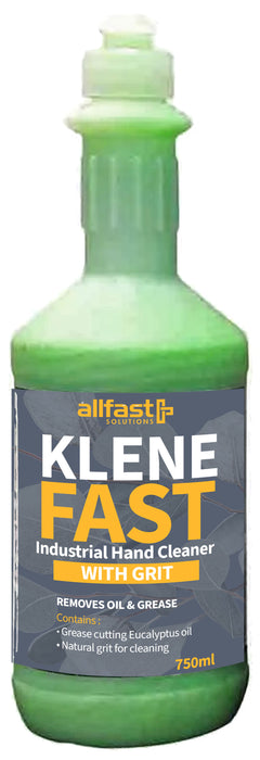 A 750ml bottle of KleneFast Industrial Hand Cleaner soap with the label displaying the product name and description.