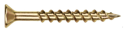 A countersunk pozi drive screw with a yellow zinc coating.